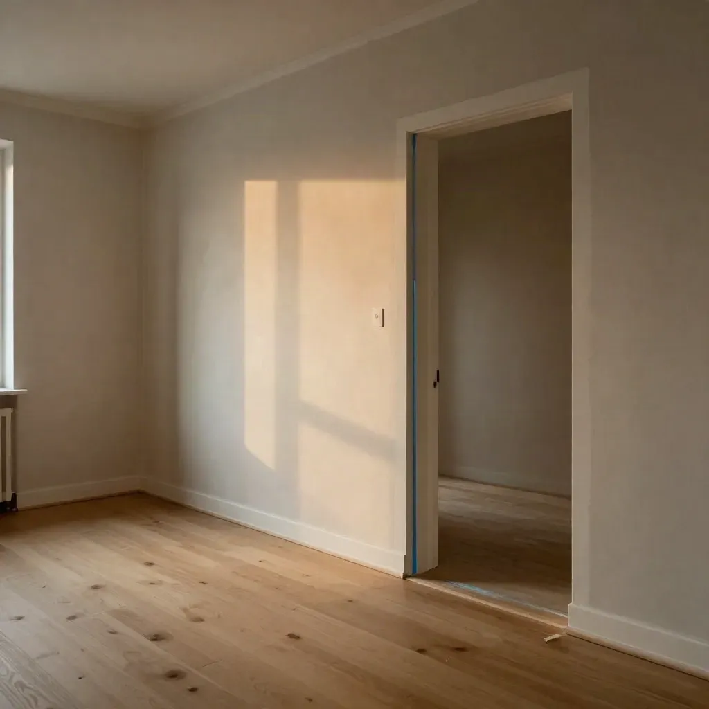 Leere Altbauwohnung mit neuer Trockenbauwand, hellem Boden und warmem Abendlicht.