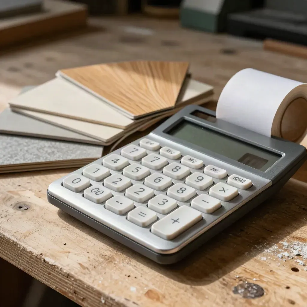 Rechner, Materialmuster und geschlossene Samplekarten auf einer hellen Werkbank.