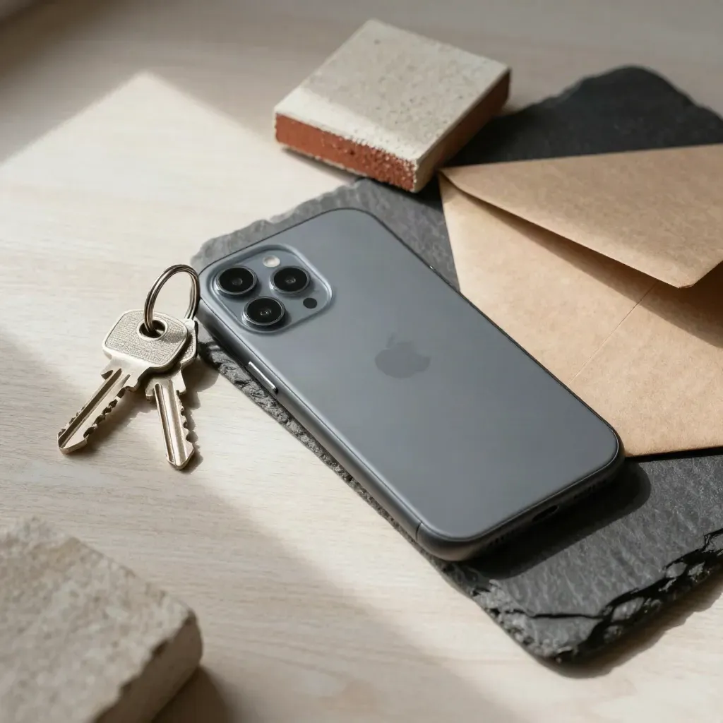 Nahaufnahme: Smartphone, Schlüsselring, Materialprobe und Umschlag auf dunkler Steinplatte.