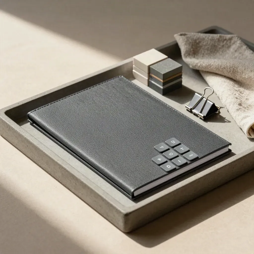 Geschlossenes Angebotsmäppchen mit Rechner, Farbchips und Metallclip auf Betontray.